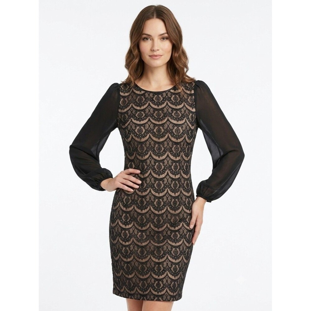DR COLLECTION Dress 10 Black Lace Print Knit Back Zip Sheer Sleeve Party Boho